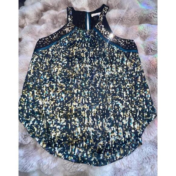 Rebecca Taylor Embellished Blue Print High Neck Tank Top, small - Picture 5 of 9